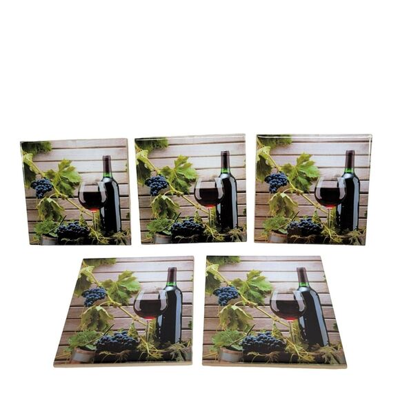 Wine Stone Coasters Set of 5 Glass Bottle Grape Grapevine Vineyard Canape - Picture 1 of 4